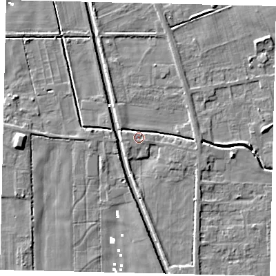 Shaded relief map of the ground around HU60AQ, computed from Environment Agency LiDAR. The ground here sits at about 1 m above sea level and falls 5 m across the surrounding 800 m. Surface water reaching this point runs off ground lying to the east, 3.3 m higher.