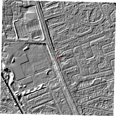 Shaded relief map of the ground around HU67AA, computed from Environment Agency LiDAR. The ground here sits at about 2 m above sea level and falls 5 m across the surrounding 800 m. Surface water reaching this point runs off ground lying to the north-west, 1.1 m higher.
