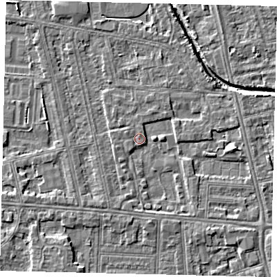 Shaded relief map of the ground around HU67AF, computed from Environment Agency LiDAR. The ground here sits at about 2 m above sea level and falls 4 m across the surrounding 800 m. Surface water reaching this point runs off ground lying to the east, 2.2 m higher.