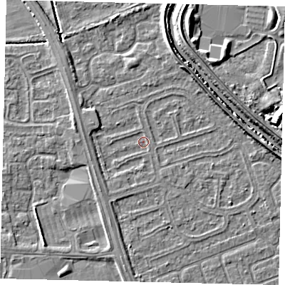 Shaded relief map of the ground around HU67AH, computed from Environment Agency LiDAR. The ground here sits at about 2 m above sea level and falls 7 m across the surrounding 800 m. Surface water reaching this point runs off ground lying to the east, 3.3 m higher.