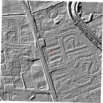 Shaded relief map of the ground around HU67AL, computed from Environment Agency LiDAR. The ground here sits at about 2 m above sea level and falls 6 m across the surrounding 800 m. Surface water reaching this point runs off ground lying to the east, 3.1 m higher.