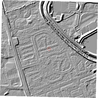 Shaded relief map of the ground around HU67AP, computed from Environment Agency LiDAR. The ground here sits at about 2 m above sea level and falls 7 m across the surrounding 800 m. Surface water reaching this point runs off ground lying to the east, 3.3 m higher.