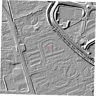 Shaded relief map of the ground around HU67AR, computed from Environment Agency LiDAR. The ground here sits at about 2 m above sea level and falls 7 m across the surrounding 800 m. Surface water reaching this point runs off ground lying to the east-south-east, 3.3 m higher.