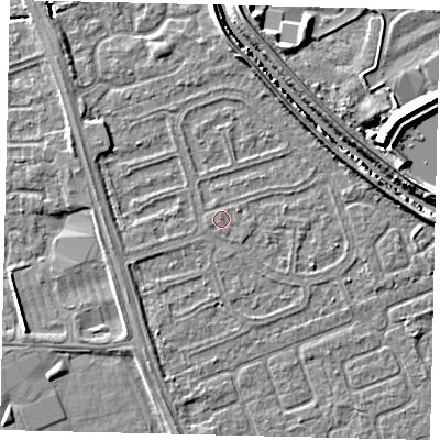 Shaded relief map of the ground around HU67AS, computed from Environment Agency LiDAR. The ground here sits at about 2 m above sea level and falls 7 m across the surrounding 800 m. The ground contributing surface water to this point lies to the west.