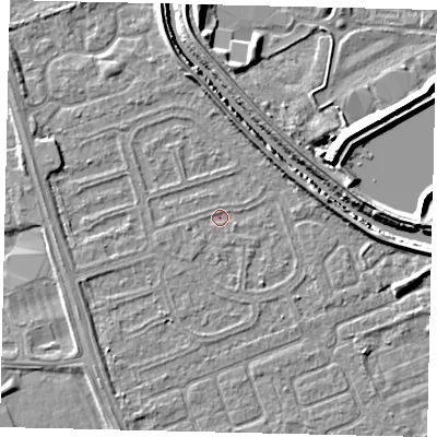 Shaded relief map of the ground around HU67AT, computed from Environment Agency LiDAR. The ground here sits at about 2 m above sea level and falls 6 m across the surrounding 800 m. Surface water reaching this point runs off ground lying to the east, 3.3 m higher.