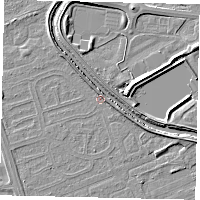 Shaded relief map of the ground around HU67AU, computed from Environment Agency LiDAR. The ground here sits at about 2 m above sea level and falls 6 m across the surrounding 800 m. Surface water reaching this point runs off ground lying to the east-south-east, 3.4 m higher.