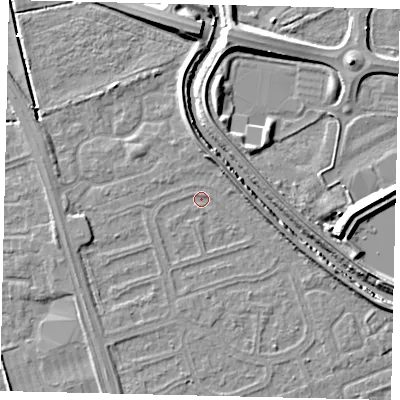 Shaded relief map of the ground around HU67AW, computed from Environment Agency LiDAR. The ground here sits at about 2 m above sea level and falls 7 m across the surrounding 800 m. Surface water reaching this point runs off ground lying to the east-south-east, 3.2 m higher.