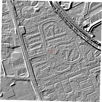 Shaded relief map of the ground around HU67BG, computed from Environment Agency LiDAR. The ground here sits at about 2 m above sea level and falls 7 m across the surrounding 800 m. The ground contributing surface water to this point lies to the north-north-west.