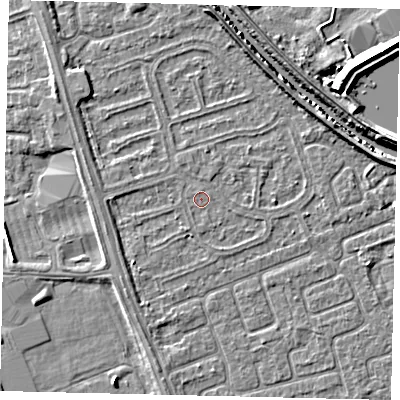Shaded relief map of the ground around HU67BH, computed from Environment Agency LiDAR. The ground here sits at about 2 m above sea level and falls 6 m across the surrounding 800 m. Surface water reaching this point runs off ground lying to the south-west, 1.4 m higher.