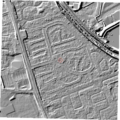 Shaded relief map of the ground around HU67BQ, computed from Environment Agency LiDAR. The ground here sits at about 2 m above sea level and falls 7 m across the surrounding 800 m. The ground contributing surface water to this point lies to the west-north-west.