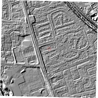 Shaded relief map of the ground around HU67BT, computed from Environment Agency LiDAR. The ground here sits at about 2 m above sea level and falls 7 m across the surrounding 800 m. Surface water reaching this point runs off ground lying to the south-south-west, 1.1 m higher.