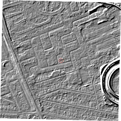 Shaded relief map of the ground around HU67BU, computed from Environment Agency LiDAR. The ground here sits at about 2 m above sea level and falls 4 m across the surrounding 800 m. Surface water reaching this point runs off ground lying to the east-south-east, 3.4 m higher.