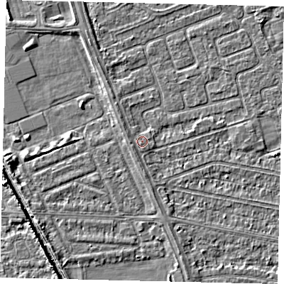 Shaded relief map of the ground around HU67DA, computed from Environment Agency LiDAR. The ground here sits at about 2 m above sea level and falls 5 m across the surrounding 800 m. Surface water reaching this point runs off ground lying to the west, 0.7 m higher.