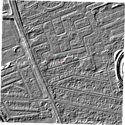 Shaded relief map of the ground around HU67DB, computed from Environment Agency LiDAR. The ground here sits at about 2 m above sea level and falls 6 m across the surrounding 800 m. Surface water reaching this point runs off ground lying to the south-west, 1.0 m higher.