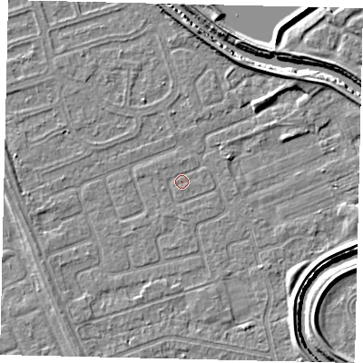 Shaded relief map of the ground around HU67DD, computed from Environment Agency LiDAR. The ground here sits at about 2 m above sea level and falls 4 m across the surrounding 800 m. Surface water reaching this point runs off ground lying to the north-east, 3.5 m higher.