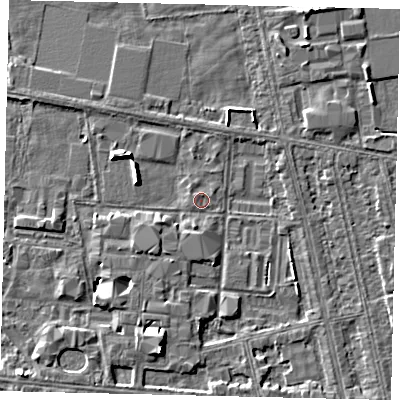 Shaded relief map of the ground around HU67DF, computed from Environment Agency LiDAR. The ground here sits at about 2 m above sea level and falls 6 m across the surrounding 800 m. Surface water reaching this point runs off ground lying to the south-south-west, 4.4 m higher.