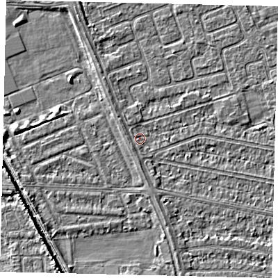 Shaded relief map of the ground around HU67DG, computed from Environment Agency LiDAR. The ground here sits at about 2 m above sea level and falls 5 m across the surrounding 800 m. Surface water reaching this point runs off ground lying to the south, 0.8 m higher.