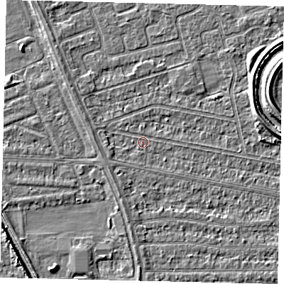 Shaded relief map of the ground around HU67DH, computed from Environment Agency LiDAR. The ground here sits at about 2 m above sea level and falls 6 m across the surrounding 800 m. Surface water reaching this point runs off ground lying to the west, 1.3 m higher.