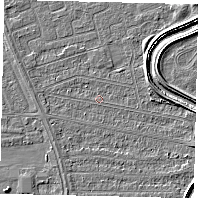 Shaded relief map of the ground around HU67DJ, computed from Environment Agency LiDAR. The ground here sits at about 2 m above sea level and falls 4 m across the surrounding 800 m. Surface water reaching this point runs off ground lying to the east-north-east, 3.5 m higher.