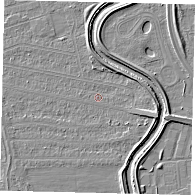 Shaded relief map of the ground around HU67DP, computed from Environment Agency LiDAR. The ground here sits at about 2 m above sea level and falls 5 m across the surrounding 800 m. Surface water reaching this point runs off ground lying to the east-south-east, 4.2 m higher.