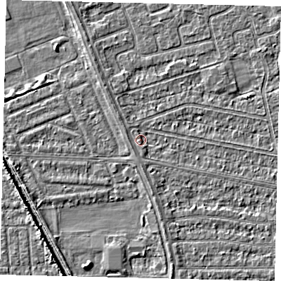 Shaded relief map of the ground around HU67DQ, computed from Environment Agency LiDAR. The ground here sits at about 3 m above sea level and falls 5 m across the surrounding 800 m. Surface water reaching this point runs off ground lying to the west, 1.3 m higher.