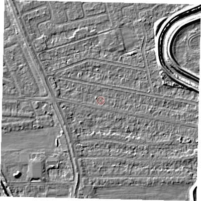 Shaded relief map of the ground around HU67DR, computed from Environment Agency LiDAR. The ground here sits at about 2 m above sea level and falls 6 m across the surrounding 800 m. Surface water reaching this point runs off ground lying to the east, 1.0 m higher.
