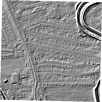 Shaded relief map of the ground around HU67DS, computed from Environment Agency LiDAR. The ground here sits at about 2 m above sea level and falls 6 m across the surrounding 800 m. Surface water reaching this point runs off ground lying to the east-south-east, 1.7 m higher.