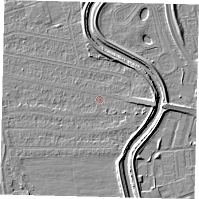Shaded relief map of the ground around HU67DT, computed from Environment Agency LiDAR. The ground here sits at about 2 m above sea level and falls 5 m across the surrounding 800 m. Surface water reaching this point runs off ground lying to the east, 4.2 m higher.