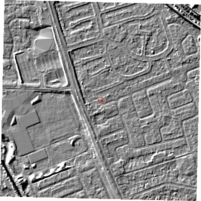 Shaded relief map of the ground around HU67EE, computed from Environment Agency LiDAR. The ground here sits at about 2 m above sea level and falls 5 m across the surrounding 800 m. The ground contributing surface water to this point lies to the south-west.