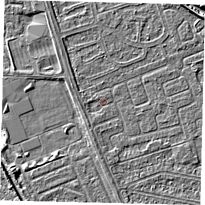 Shaded relief map of the ground around HU67EF, computed from Environment Agency LiDAR. The ground here sits at about 2 m above sea level and falls 5 m across the surrounding 800 m. Surface water reaching this point runs off ground lying to the west-north-west, 1.2 m higher.