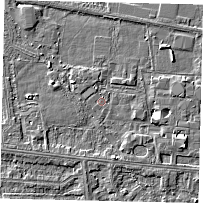 Shaded relief map of the ground around HU67EL, computed from Environment Agency LiDAR. The ground here sits at about 2 m above sea level and falls 6 m across the surrounding 800 m. Surface water reaching this point runs off ground lying to the west, 1.2 m higher.
