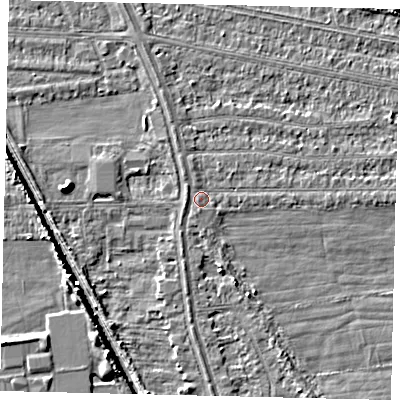 Shaded relief map of the ground around HU67EY, computed from Environment Agency LiDAR. The ground here sits at about 3 m above sea level and falls 5 m across the surrounding 800 m. Surface water reaching this point runs off ground lying to the west-south-west, 0.8 m higher.