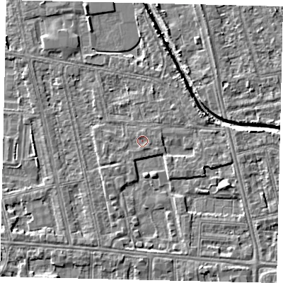 Shaded relief map of the ground around HU67FD, computed from Environment Agency LiDAR. The ground here sits at about 2 m above sea level and falls 4 m across the surrounding 800 m. The ground contributing surface water to this point lies to the north-north-west.