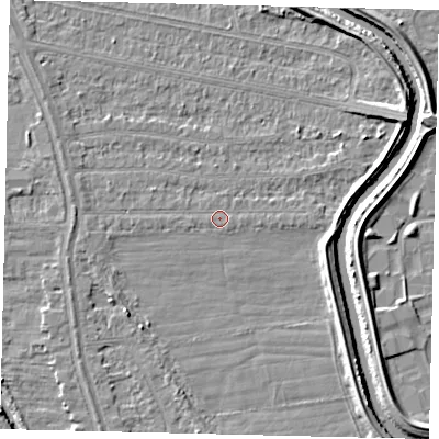 Shaded relief map of the ground around HU67HA, computed from Environment Agency LiDAR. The ground here sits at about 2 m above sea level and falls 7 m across the surrounding 800 m. Surface water reaching this point runs off ground lying to the east, 0.6 m higher.