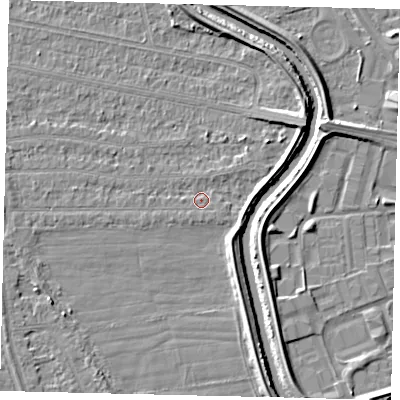 Shaded relief map of the ground around HU67HB, computed from Environment Agency LiDAR. The ground here sits at about 2 m above sea level and falls 5 m across the surrounding 800 m. Surface water reaching this point runs off ground lying to the east-north-east, 2.6 m higher.