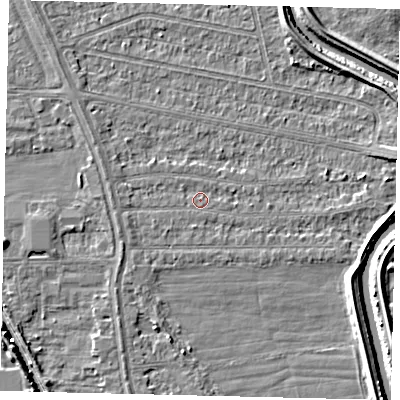 Shaded relief map of the ground around HU67HE, computed from Environment Agency LiDAR. The ground here sits at about 2 m above sea level and falls 6 m across the surrounding 800 m. Surface water reaching this point runs off ground lying to the east, 2.8 m higher.