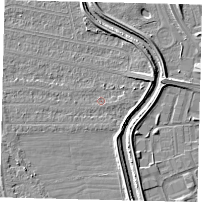 Shaded relief map of the ground around HU67HF, computed from Environment Agency LiDAR. The ground here sits at about 2 m above sea level and falls 5 m across the surrounding 800 m. Surface water reaching this point runs off ground lying to the east-north-east, 1.7 m higher.