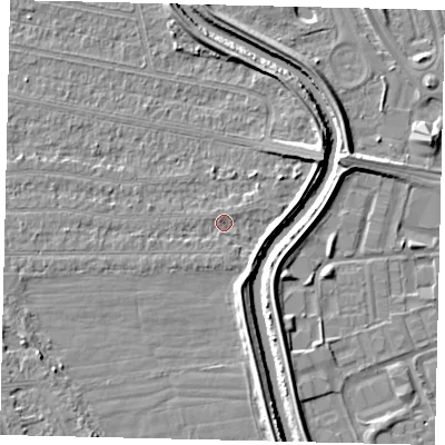 Shaded relief map of the ground around HU67HG, computed from Environment Agency LiDAR. The ground here sits at about 2 m above sea level and falls 5 m across the surrounding 800 m. Surface water reaching this point runs off ground lying to the east, 2.6 m higher.