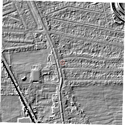 Shaded relief map of the ground around HU67HH, computed from Environment Agency LiDAR. The ground here sits at about 2 m above sea level and falls 6 m across the surrounding 800 m. Surface water reaching this point runs off ground lying to the west-south-west, 0.9 m higher.