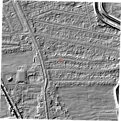 Shaded relief map of the ground around HU67HJ, computed from Environment Agency LiDAR. The ground here sits at about 2 m above sea level and falls 6 m across the surrounding 800 m. Surface water reaching this point runs off ground lying to the west-south-west, 1.3 m higher.