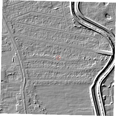 Shaded relief map of the ground around HU67HL, computed from Environment Agency LiDAR. The ground here sits at about 2 m above sea level and falls 5 m across the surrounding 800 m. Surface water reaching this point runs off ground lying to the east, 4.3 m higher.