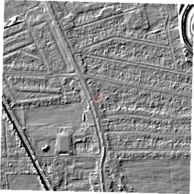 Shaded relief map of the ground around HU67HP, computed from Environment Agency LiDAR. The ground here sits at about 2 m above sea level and falls 6 m across the surrounding 800 m. Surface water reaching this point runs off ground lying to the south-west, 1.2 m higher.
