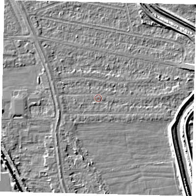Shaded relief map of the ground around HU67HQ, computed from Environment Agency LiDAR. The ground here sits at about 2 m above sea level and falls 6 m across the surrounding 800 m. Surface water reaching this point runs off ground lying to the east, 2.8 m higher.