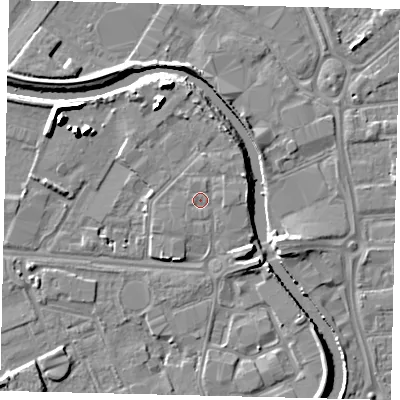 Shaded relief map of the ground around HU67HW, computed from Environment Agency LiDAR. The ground here sits at about 4 m above sea level and falls 10 m across the surrounding 800 m. Surface water reaching this point runs off ground lying to the east-north-east, 1.7 m higher.