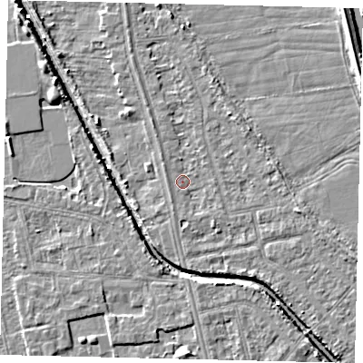 Shaded relief map of the ground around HU67JH, computed from Environment Agency LiDAR. The ground here sits at about 2 m above sea level and falls 5 m across the surrounding 800 m. Surface water reaching this point runs off ground lying to the south-south-west, 1.1 m higher.