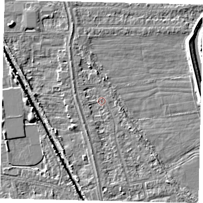 Shaded relief map of the ground around HU67JP, computed from Environment Agency LiDAR. The ground here sits at about 2 m above sea level and falls 5 m across the surrounding 800 m. Surface water reaching this point runs off ground lying to the north, 2.0 m higher.