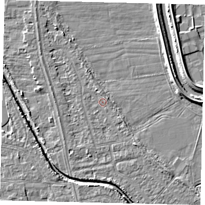 Shaded relief map of the ground around HU67JT, computed from Environment Agency LiDAR. The ground here sits at about 2 m above sea level and falls 6 m across the surrounding 800 m. Surface water reaching this point runs off ground lying to the north-north-west, 2.0 m higher.