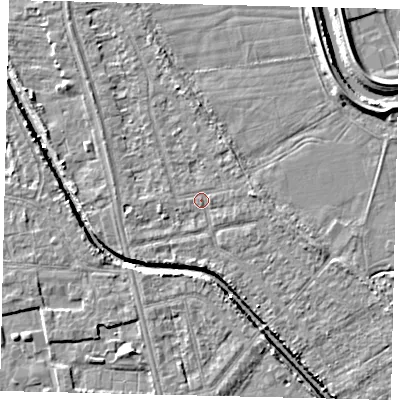Shaded relief map of the ground around HU67JW, computed from Environment Agency LiDAR. The ground here sits at about 2 m above sea level and falls 6 m across the surrounding 800 m. Surface water reaching this point runs off ground lying to the east-south-east, 1.9 m higher.