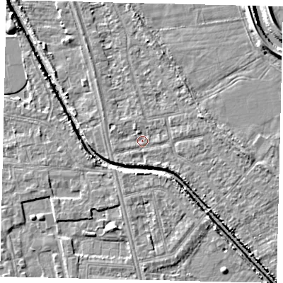 Shaded relief map of the ground around HU67JY, computed from Environment Agency LiDAR. The ground here sits at about 2 m above sea level and falls 5 m across the surrounding 800 m. Surface water reaching this point runs off ground lying to the east, 1.9 m higher.