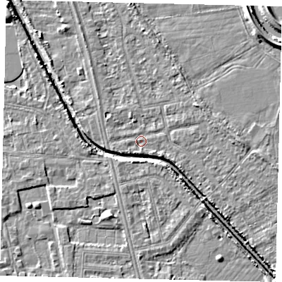 Shaded relief map of the ground around HU67JZ, computed from Environment Agency LiDAR. The ground here sits at about 2 m above sea level and falls 6 m across the surrounding 800 m. Surface water reaching this point runs off ground lying to the east-south-east, 1.3 m higher.
